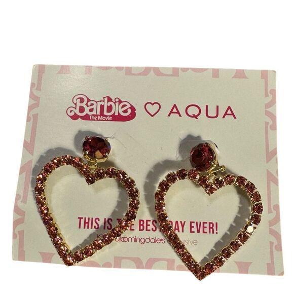 NWT Barbie the Movie Pink Crystal Open heart Earrings in 14K Gold Plated - Picture 2 of 6